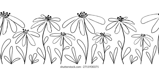 Chalk drawn flowers seamless border. Artistic monochrome botanical illustration with whimsical daisies. Horizontal floral pattern