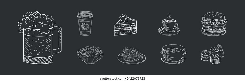 Chalk Drawn Food Item from Restaurant Menu on Black Background Vector Set