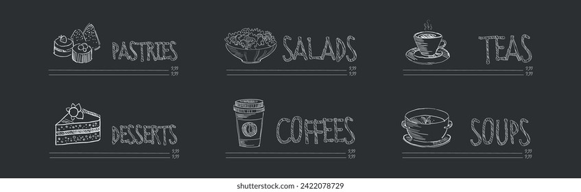 Chalk Drawn Food Item from Restaurant Menu on Black Background Vector Set