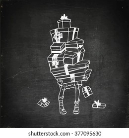 Chalk drawn girl with many gift boxes. Vector stock illustration.