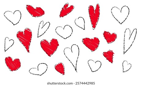 Chalk drawn heart. Crayon brush valentine vector icon. Grunge sketch love day element set. Wedding grafitti with pastel  paintbrush. Cute outline lipstick ink texture design. Hand draw pen smear