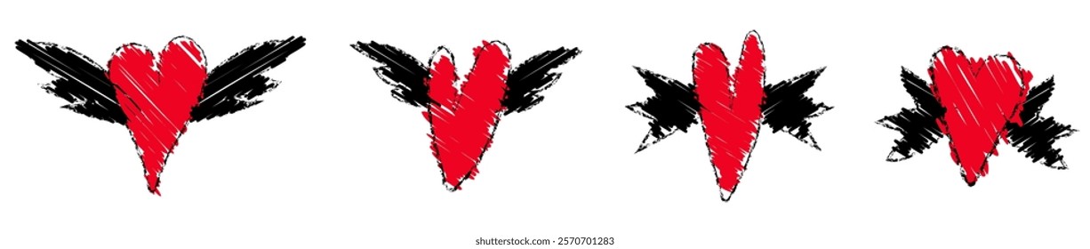 Chalk drawn heart with wings. Crayon brush flying valentine icon vector. Grunge sketch love day element set. Wedding tatoo with pastel paintbrush. Simple black and red lipstick ink texture design