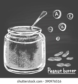 Chalk drawn illustration of bank with peanut butter. Vitamins A, E, B1, K and Calcium. Tasty food. Dessert, sweet. Traditional American sweetness.