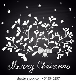  Chalk drawn illustration with branch of mistletoe, snowflakes and ''Merry Christmas'' text. Happy New 2016 Year Theme. Card design.