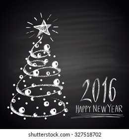 Chalk drawn illustration with Christmas tree and text. Happy New 2016 Year theme.