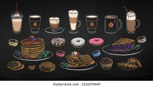 Chalk drawn illustration collection of sweet coffee cups and desserts. Isolated drawings on black chalkboard background.