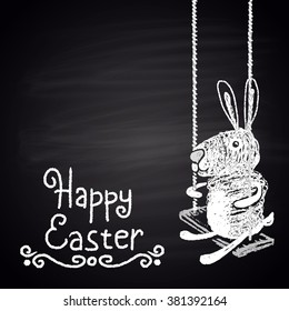 Chalk drawn illustration for Easter with rabbit on a swing and  text. Happy Easter theme. Card design. Holidays collection.
