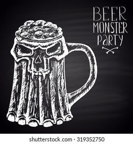  Chalk drawn illustration of full wooden mug of beer with skull and bones for beer monster party. Happy Halloween theme.