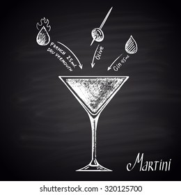  Chalk drawn illustration of glass with martini. Cocktail theme.