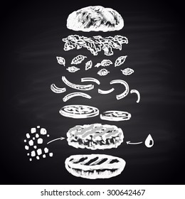 Chalk drawn illustration with ingredients of turkey burger.Burger menu theme.