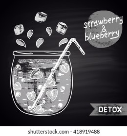   Chalk drawn illustration of jar with infused water. Strawberry and blueberry flavor. Detox and fitness theme. Healthy drink.