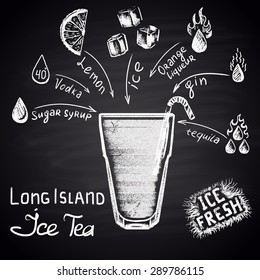 Chalk drawn illustration of long island ice tea with ingredients. Alcohol cocktails theme.