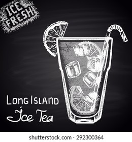 Chalk drawn illustration of long island ice tea. Alcohol cocktails theme.