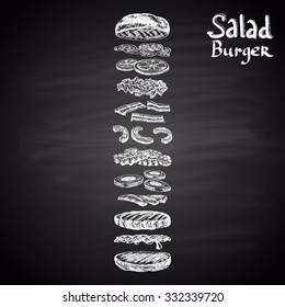 Chalk drawn illustration of Salad Burger with ingredients. Burger menu theme. Fast food collection.