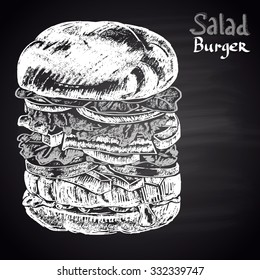 Chalk drawn illustration of Salad Burger. Burger menu theme. Fast food collection.