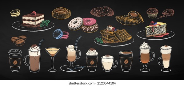 Chalk drawn illustration set of coffee cups and desserts. Isolated drawings on black chalkboard background.