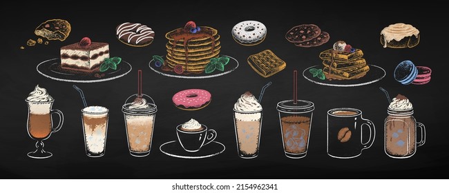 Chalk drawn illustration set of coffee cups and desserts. Isolated drawings on black chalkboard background.