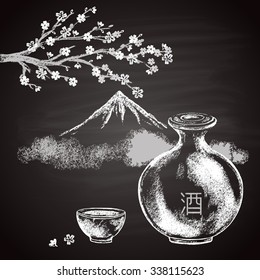  Chalk drawn illustration with traditional Japanese alcohol drink Sake, sacura blossom and mountains.