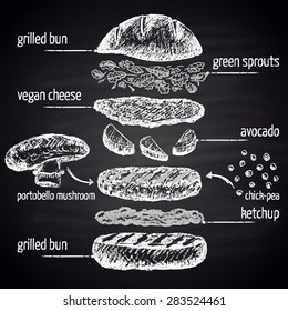  Chalk drawn illustration of vegan avocado burger with ingredients and text. Burger menu theme. Infographic.