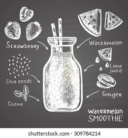  Chalk Drawn Illustration Of Watermelon Smoothie In A Bottle With Ingredients. Sugar Free!