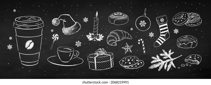 Chalk drawn illustrations set of Christmas decoration design elements for cafes and coffee shops.
