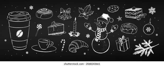 Chalk drawn illustrations set of Christmas decoration design elements for cafe