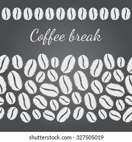 Chalk drawn imitation vector coffee beans template. Can be used as seamless in horizontal direction frames. Chalkboard monochrome coffee break background. Rough edges. 
