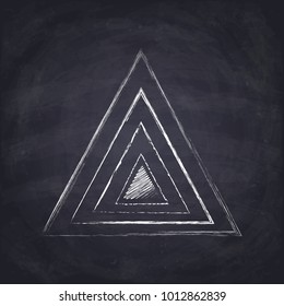 Chalk drawn isosceles triangle. Hand drawn geometric figures on chalkboard background.