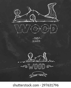 Chalk drawn jack plane with wood sign. Vector illustration.