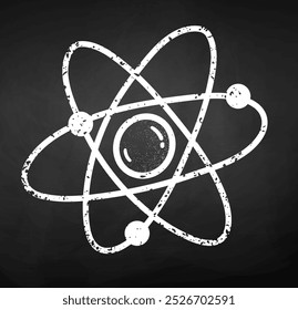 Chalk drawn line art vector illustration of atom on chalkboard background