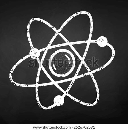 Chalk drawn line art vector illustration of atom on chalkboard background