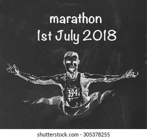 Chalk drawn marathon runner on blackboard. Vector illustration.