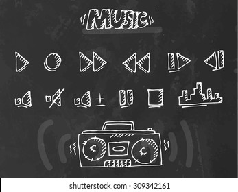 Chalk drawn music play buttons set. Vector illustration 