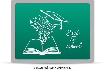 Chalk drawn objects on green chalkboard. Set of open book, numbers and education cap as concept achieving wisdom through learning. Modern design vector template banner or poster for back to school