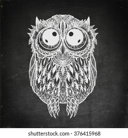 Chalk drawn owl. Funny doodle owl with big eyes on blackboard. Vector stock illustration