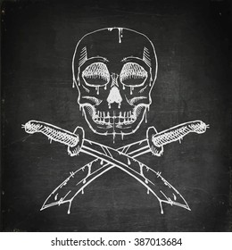 Chalk drawn pirate skull with crossed swords. Pirate symbol on chalkboard. Vector stock illustration