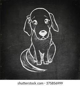Chalk drawn puppy. Sketch puppy on blackboard. Funny Puppy with bow. Vector stock illustration.