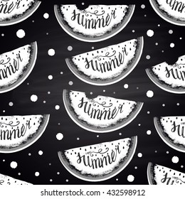 Chalk drawn seamless pattern with watermelons and dots. Summer poster.