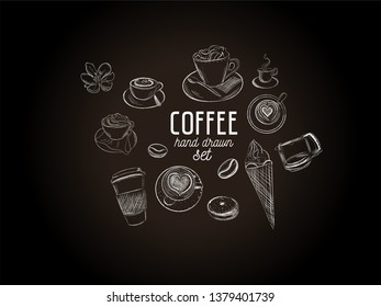 Chalk drawn set of coffee cups with desserts. Perfect for menu decoration, coffee shop decoration 