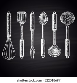  Chalk drawn set with different types of kitchen accessories (whisk, skimmer, spatula, soup ladle, etc.). Kitchen theme.