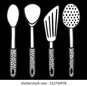 Chalk drawn set with different types of kitchen accessories. Kitchen theme