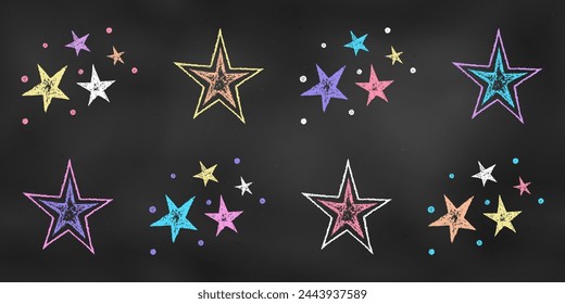 Chalk Drawn Sketch. Set of Design Elements Colorful Combinations of Stars Isolated on Chalkboard Backdrop. Kit of Textural Crayon Drawings of Night Sky Symbols of Different Colors on Blackboard.
