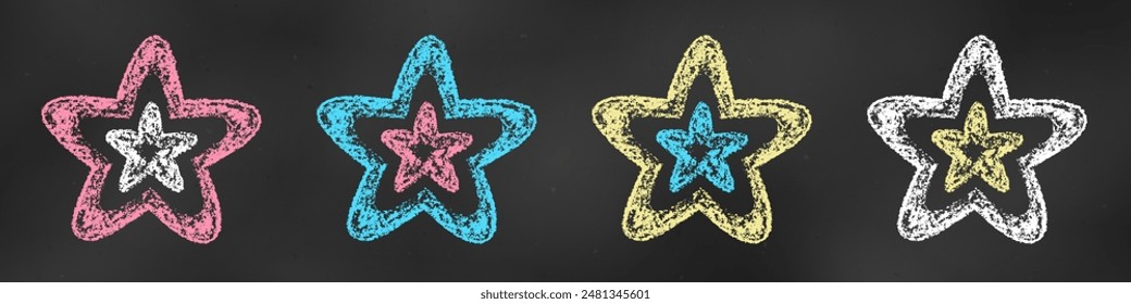 Chalk Drawn Sketch. Set of Design Elements White, Blue, Red, Yellow Stars Isolated on Chalkboard Backdrop. Kit of Textural Crayon Drawings of Simple Shapes of Different Colors on Blackboard. 
