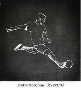 Chalk drawn soccer man with ball. The football championship. Hand drawn football player kicks the ball. Drawn soccer player kicks the ball. European football. Vector illustration