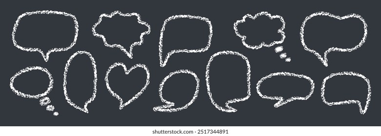 Chalk Drawn Speech Bubble outline set. Cute Text Box Frame collection. Crayon pencil Sketch Drawing. Chatting Dialogue Blank Balloon. Funny textured Doodle Background