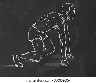 Chalk drawn sprinter on start. Vector illustration.