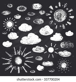 Chalk Drawn Sun And Clouds On Chalkboard. Vector Illustration.