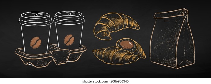 Chalk drawn takeaway and delivery vector illustration set of Coffee cups and croissants. Isolated on black chalkboard background.