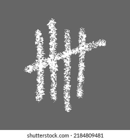 Chalk drawn tally mark. Counting sticks on chalkboard. Four white stripes crossed out by slash line. Unary numeral system sign on gray background. Vector realistic illustration