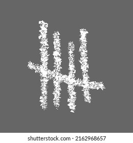 Chalk Drawn Tally Mark On Gray Chalkboard Background. Four White Hand Drawn Sticks Crossed Out By Slash Line. Unary Numeral System Symbol Of Number 5. Vector Realistic Illustration